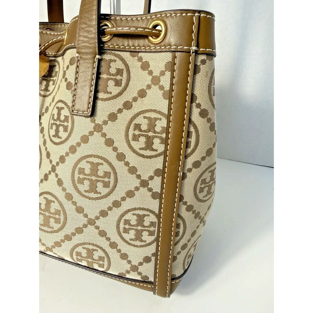 Tory Burch T Monogram Jacquard Logo Tote Bag Large Double Strap Cinch Drawstring